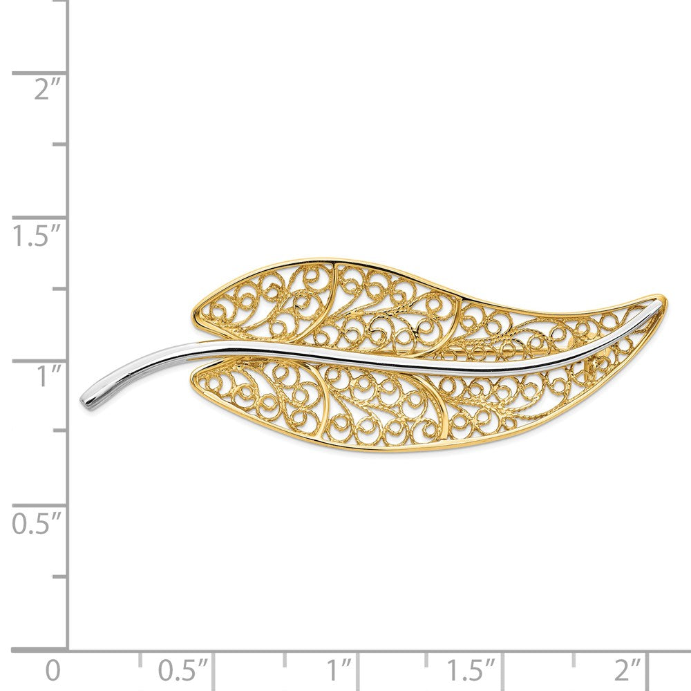 14K Gelb & Rhodium Gold und Rhodium Filigran Blatt Brosche