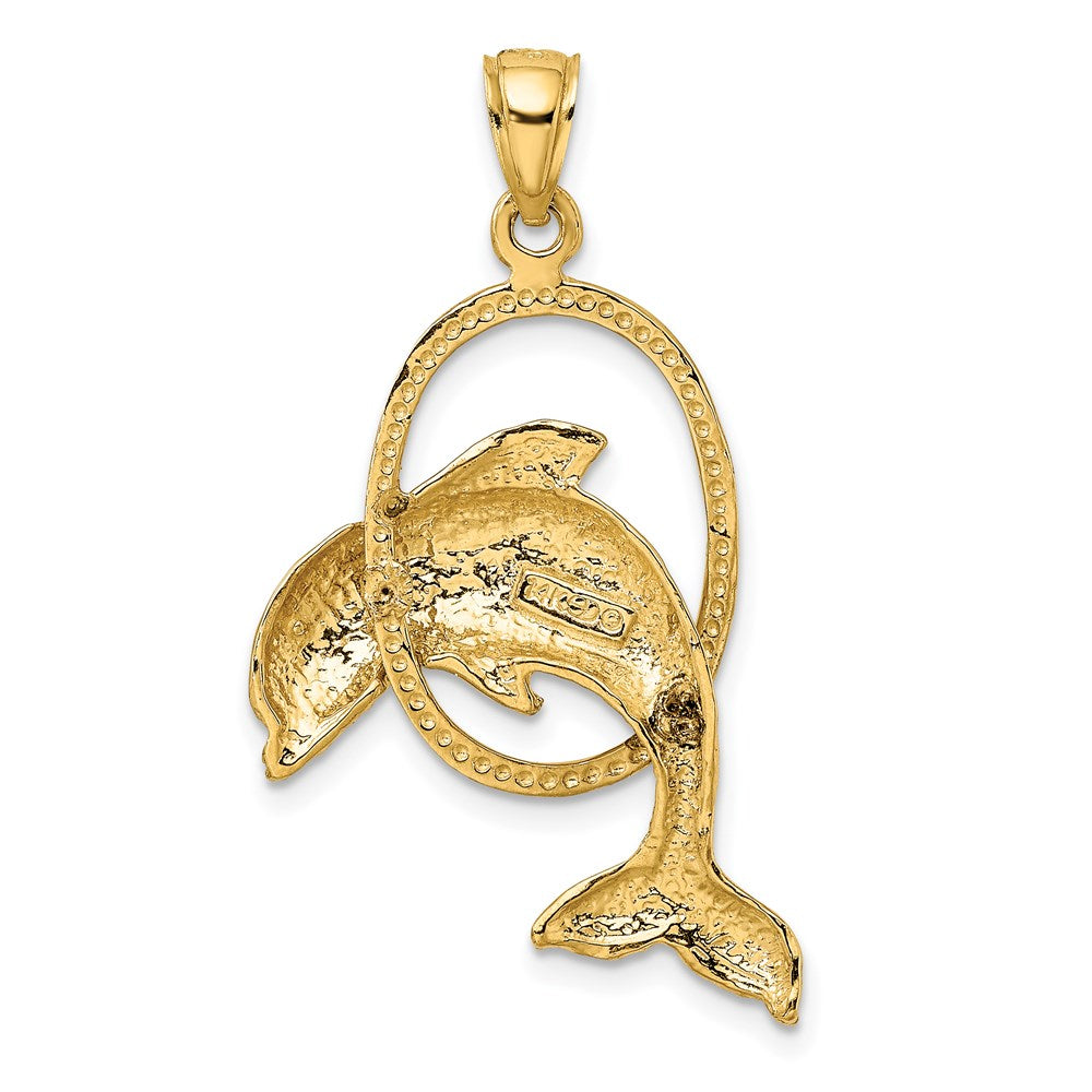 14K Gelbgold Charm „Delfin springt durch Reifen“