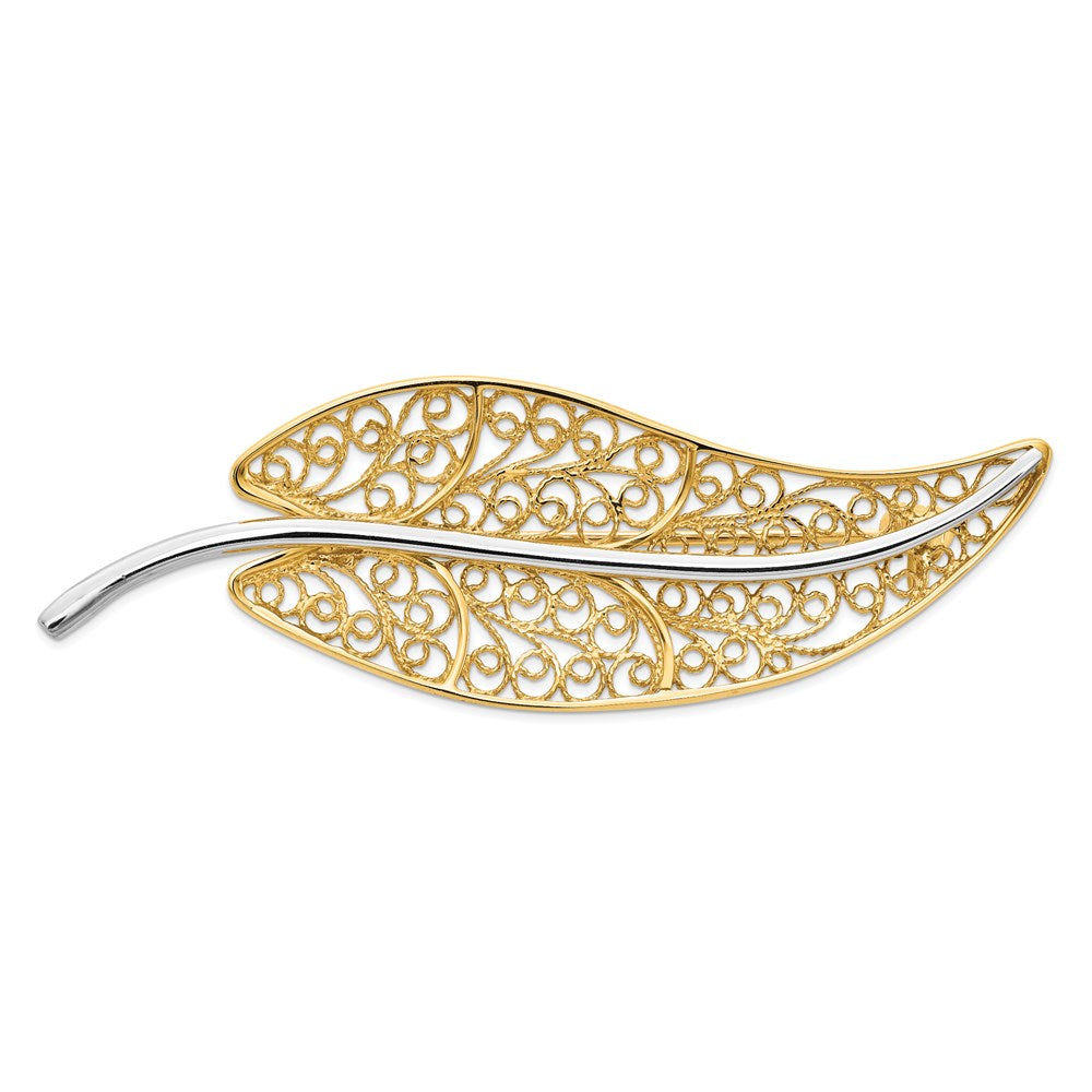 14K Gelb & Rhodium Gold und Rhodium Filigran Blatt Brosche