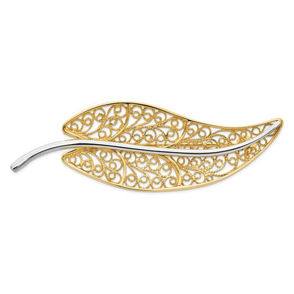 14K Gelb & Rhodium Gold und Rhodium Filigran Blatt Brosche