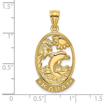 14K Gelbgold polierter Charm „KAUAI“ mit Delfinen und Wellen