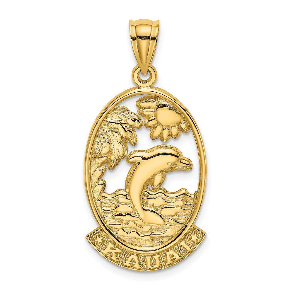 14K Gelbgold polierter Charm „KAUAI“ mit Delfinen und Wellen
