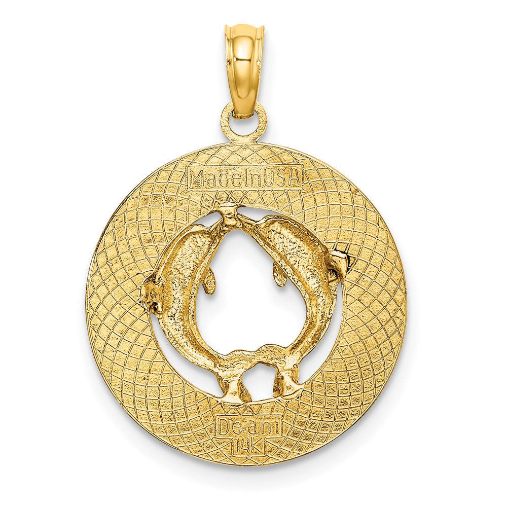 14K Gelbgold Charm "DOCKYARD BERMUDA" Runder Rahmen mit Delfinen