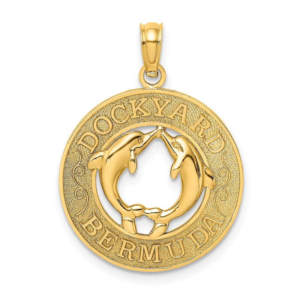 14K Gelbgold Charm "DOCKYARD BERMUDA" Runder Rahmen mit Delfinen