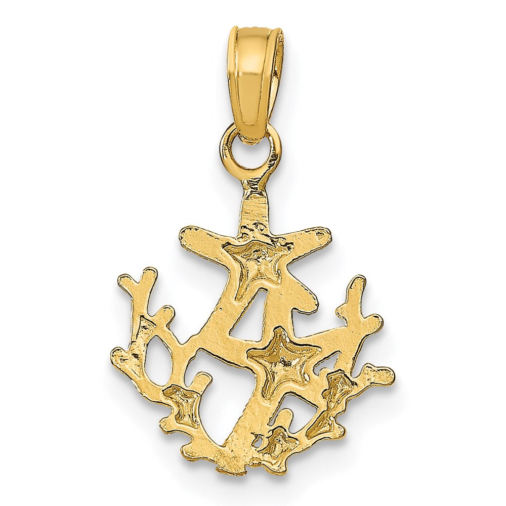 14K Gelbgold Strukturiert Mini Doppelt Seestern und Coral Charm