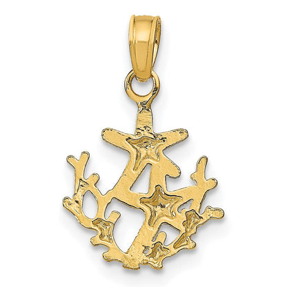 14K Gelbgold Strukturiert Mini Doppelt Seestern und Coral Charm