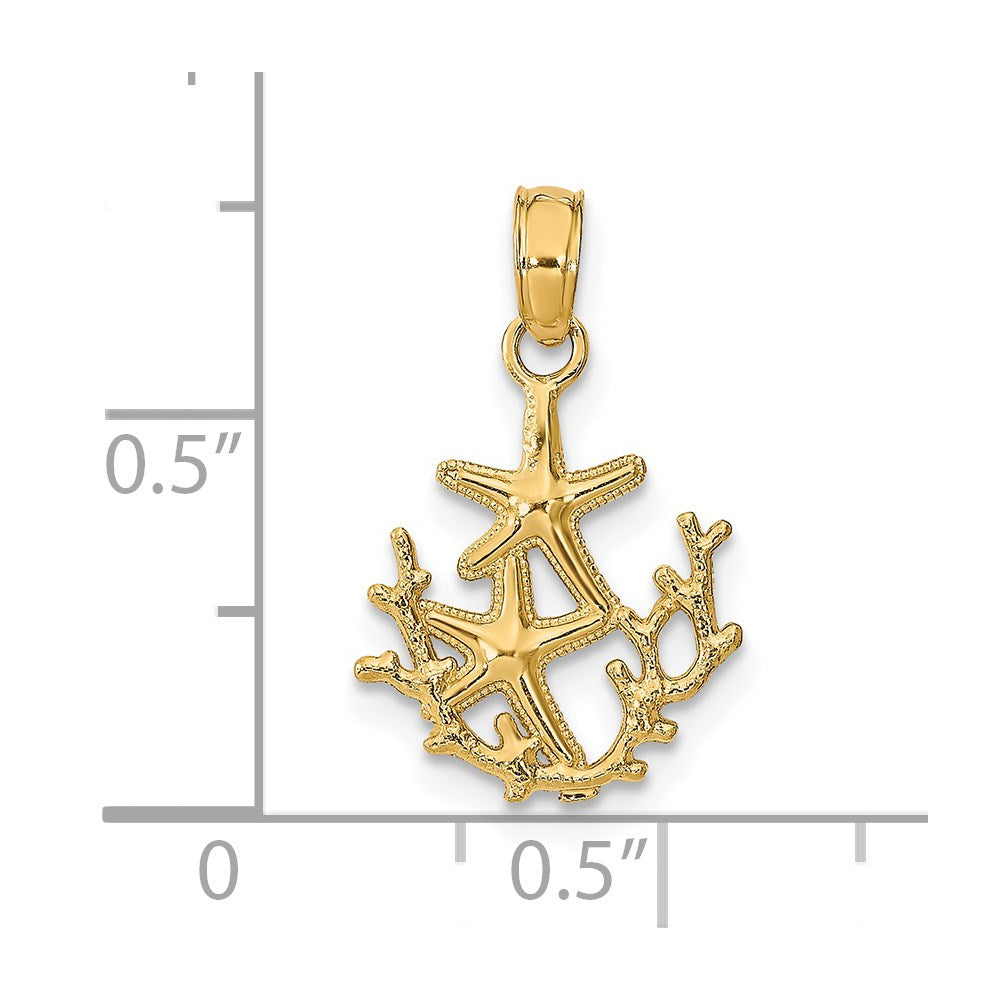 14K Gelbgold Strukturiert Mini Doppelt Seestern und Coral Charm