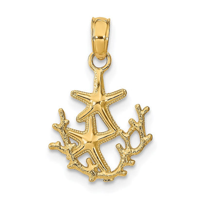 14K Gelbgold Strukturiert Mini Doppelt Seestern und Coral Charm