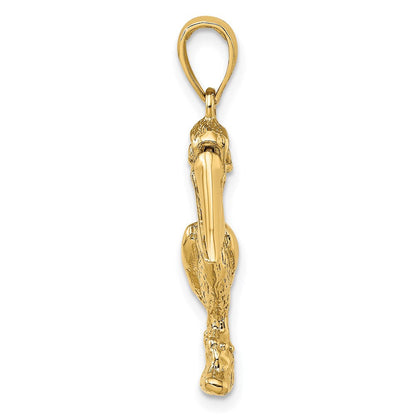 14K Gelbgold 3-D großer stehender Pelikan-Charm mit beweglichem Schnabel