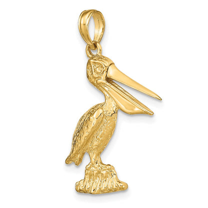 14K Gelbgold 3-D großer stehender Pelikan-Charm mit beweglichem Schnabel