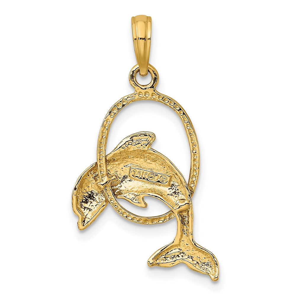 14K Gelbgold Polierter Delfin springt durch Reifen Charm