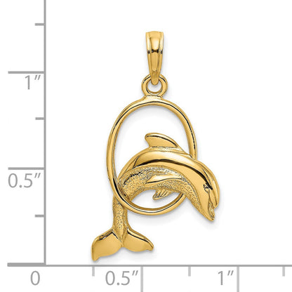 14K Gelbgold Polierter Delfin springt durch Reifen Charm
