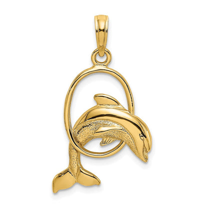 14K Gelbgold Polierter Delfin springt durch Reifen Charm