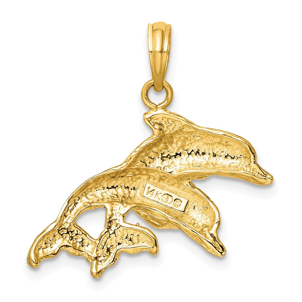 14K Gelbgold Charm mit poliert-gravierten doppelten Delfinen, 2-D