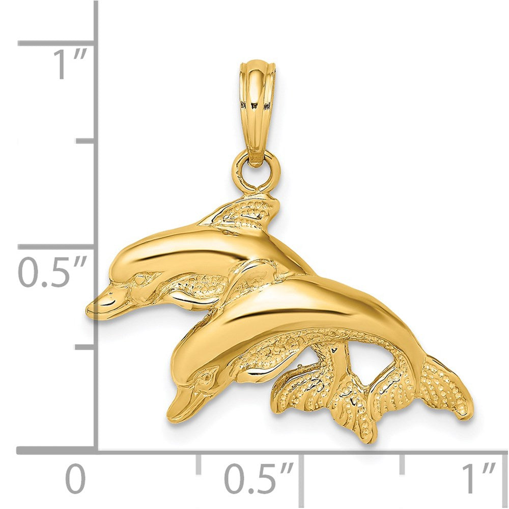 14K Gelbgold Charm mit poliert-gravierten doppelten Delfinen, 2-D