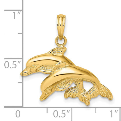 14K Gelbgold Charm mit poliert-gravierten doppelten Delfinen, 2-D