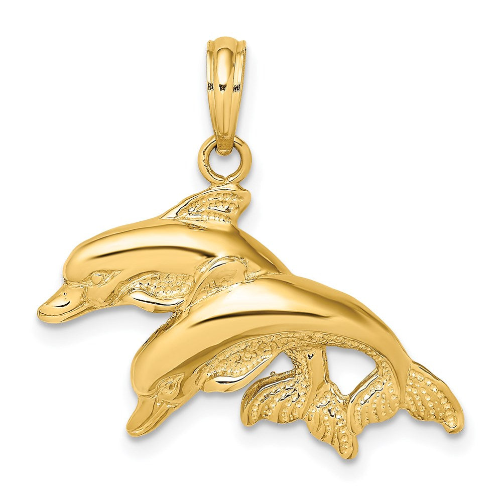 14K Gelbgold Charm mit poliert-gravierten doppelten Delfinen, 2-D