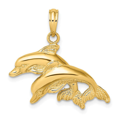 14K Gelbgold Charm mit poliert-gravierten doppelten Delfinen, 2-D