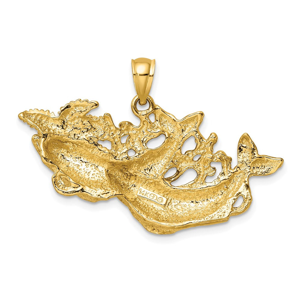 14K Gelbgold Polierter und Strukturierter Delfine-Schwimmen-mit-Seestern-Anhänger