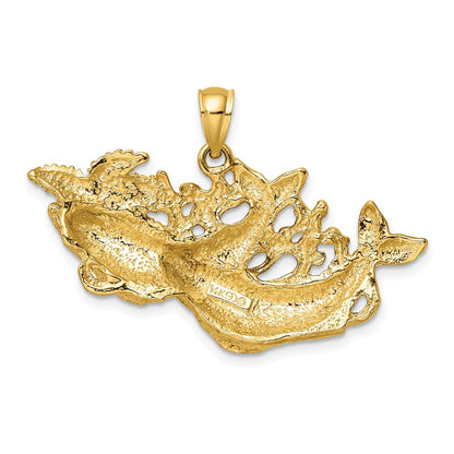 14K Gelbgold Polierter und Strukturierter Delfine-Schwimmen-mit-Seestern-Anhänger