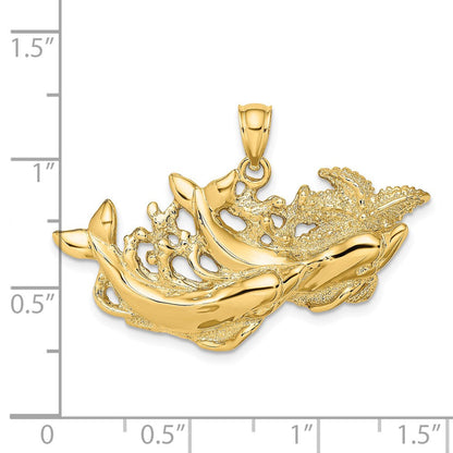 14K Gelbgold Polierter und Strukturierter Delfine-Schwimmen-mit-Seestern-Anhänger