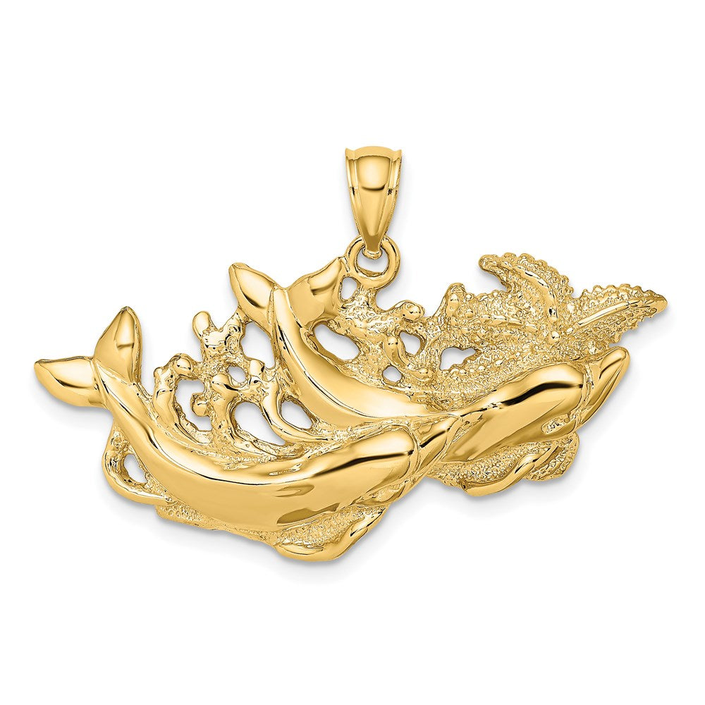 14K Gelbgold Polierter und Strukturierter Delfine-Schwimmen-mit-Seestern-Anhänger