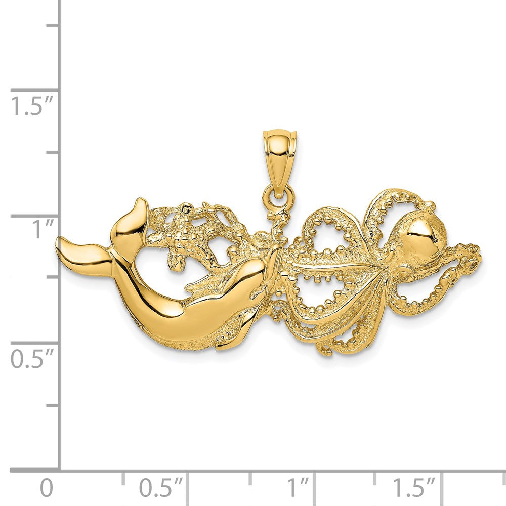 14K Gelbgold Delfin- und Oktopus-Anhänger, poliert und strukturiert