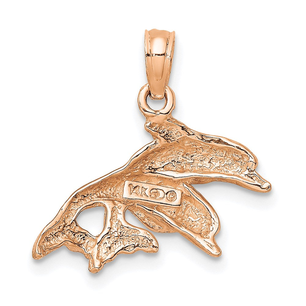 14K Roségold Polierter Doppel-Delfin-Charm springend nach links