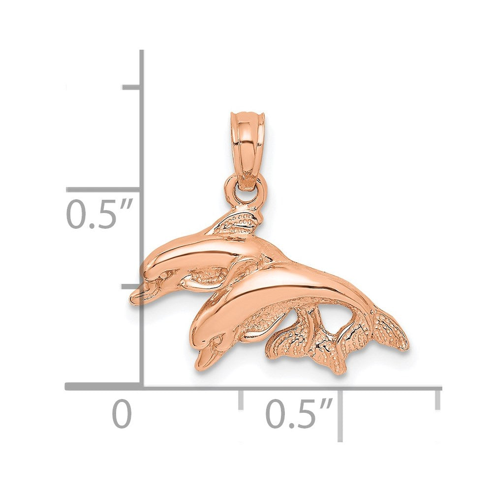 14K Roségold Polierter Doppel-Delfin-Charm springend nach links