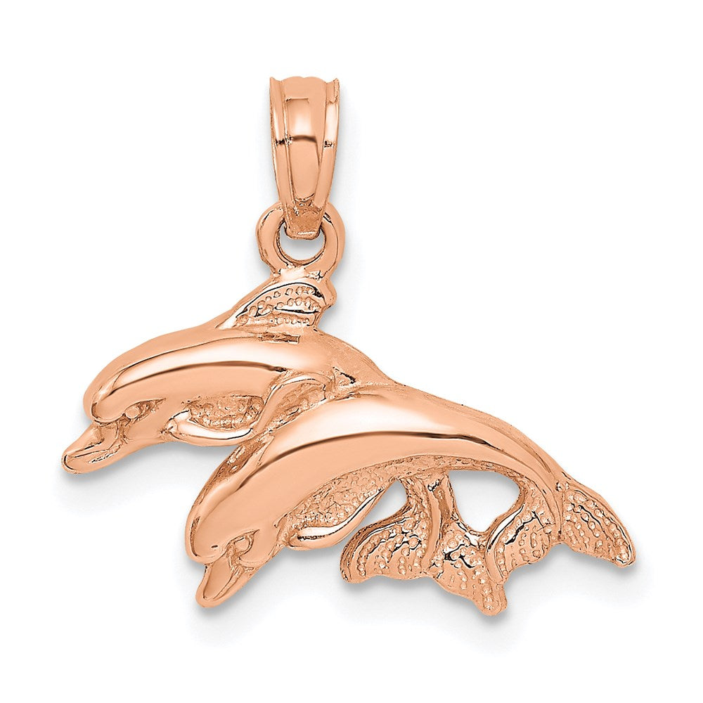 14K Roségold Polierter Doppel-Delfin-Charm springend nach links