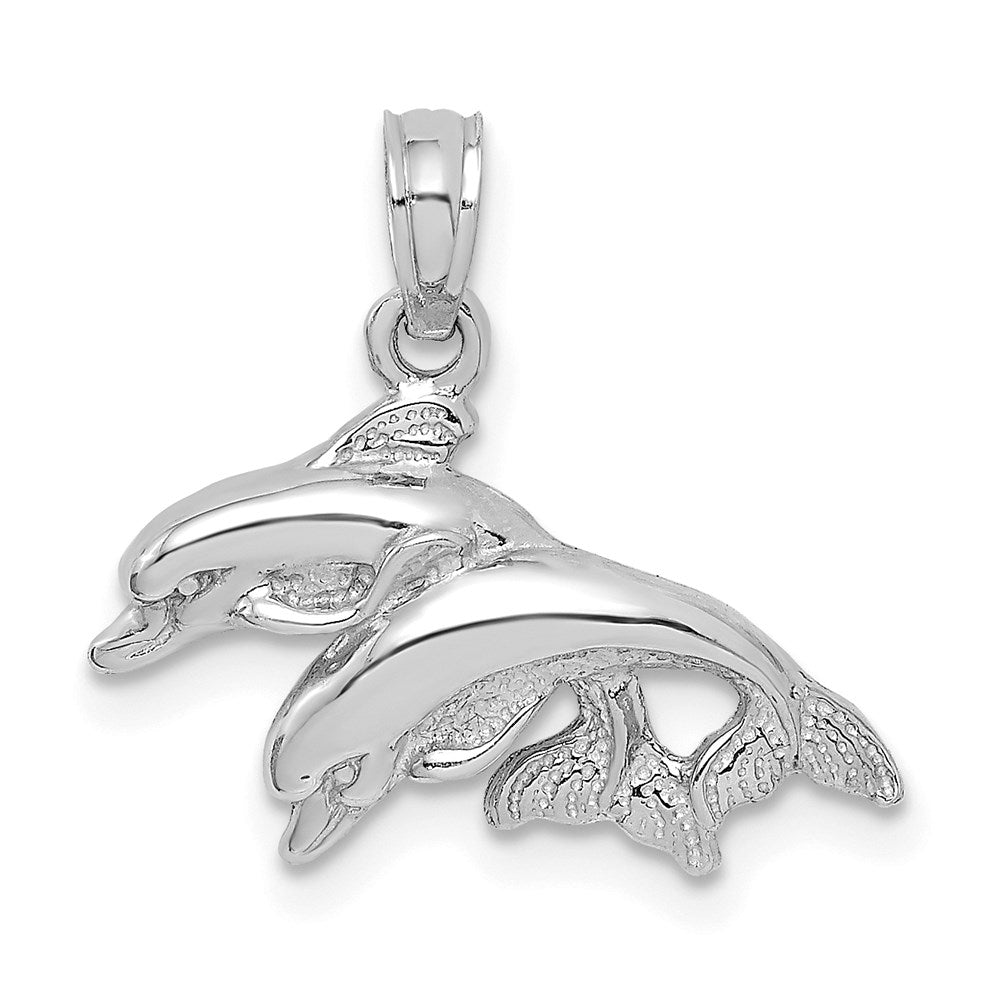 14K Weißgold Polierter Doppel-Delfin-Anhänger Springend Nach Links