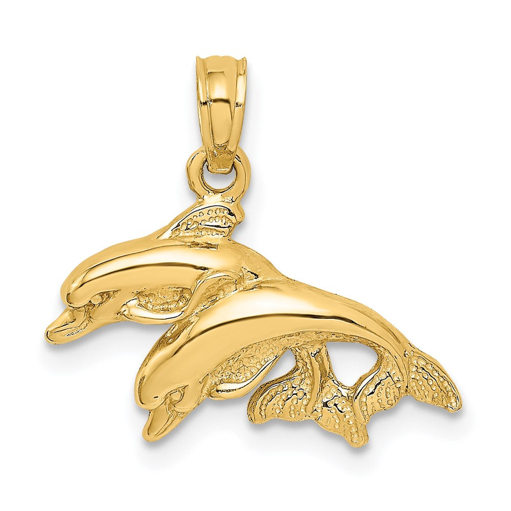 14K Gelbgold Charm, zwei springende Delfine, poliert, 2-D, nach links springend