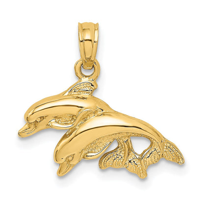 14K Gelbgold Charm, zwei springende Delfine, poliert, 2-D, nach links springend