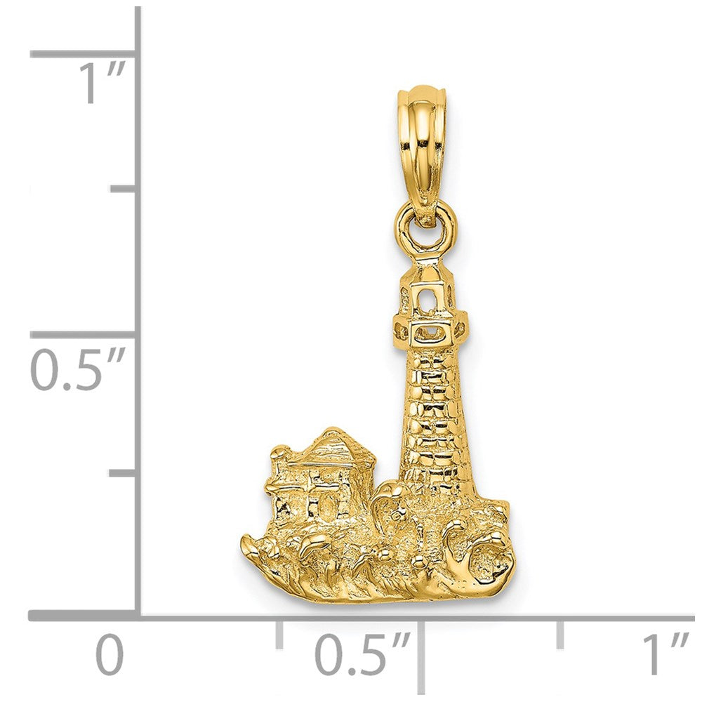 14K Gelbgold Charm „Leuchtturm mit Wellen und Gebäuden“, 2-D