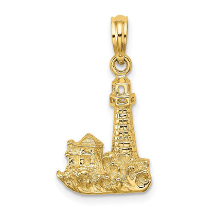 14K Gelbgold Charm „Leuchtturm mit Wellen und Gebäuden“, 2-D
