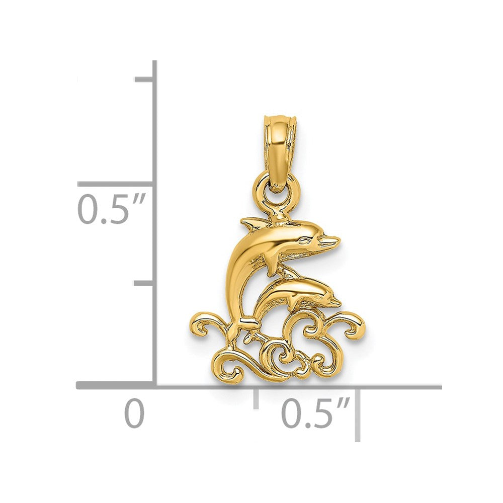 14K Gelbgold Strukturiert Mini Doppelt Dolphins und Waves Charm