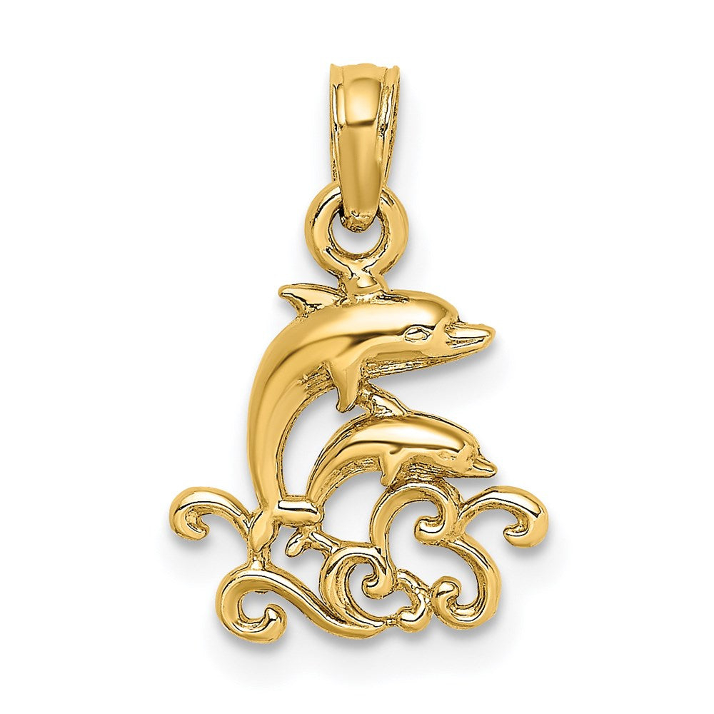 14K Gelbgold Strukturiert Mini Doppelt Dolphins und Waves Charm