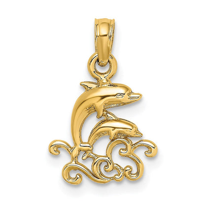 14K Gelbgold Strukturiert Mini Doppelt Dolphins und Waves Charm