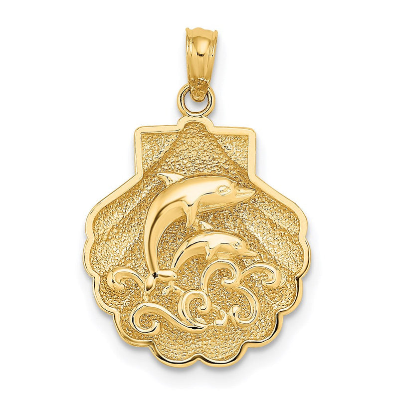 14 Karat Gelbgold Wendecharm Delfine und Wellen in Muschel