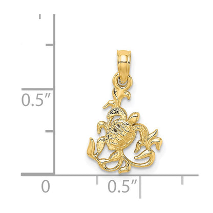 14K Gelbgold Strukturiert Mini Meer Schildkröte und Kelp Charm