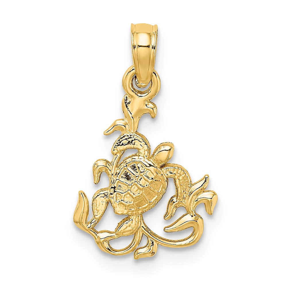 14K Gelbgold Strukturiert Mini Meer Schildkröte und Kelp Charm