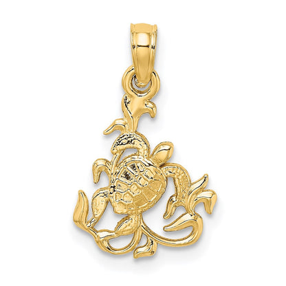 14K Gelbgold Strukturiert Mini Meer Schildkröte und Kelp Charm