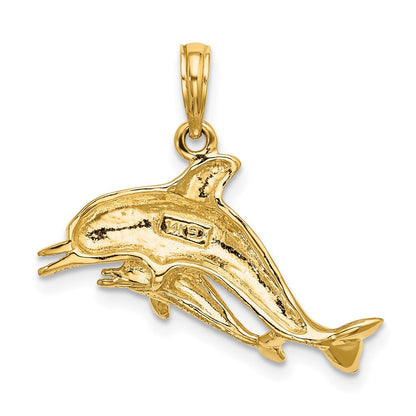 14K Gelbgold 2D-Anhänger „Zwei schwimmende Delfine“
