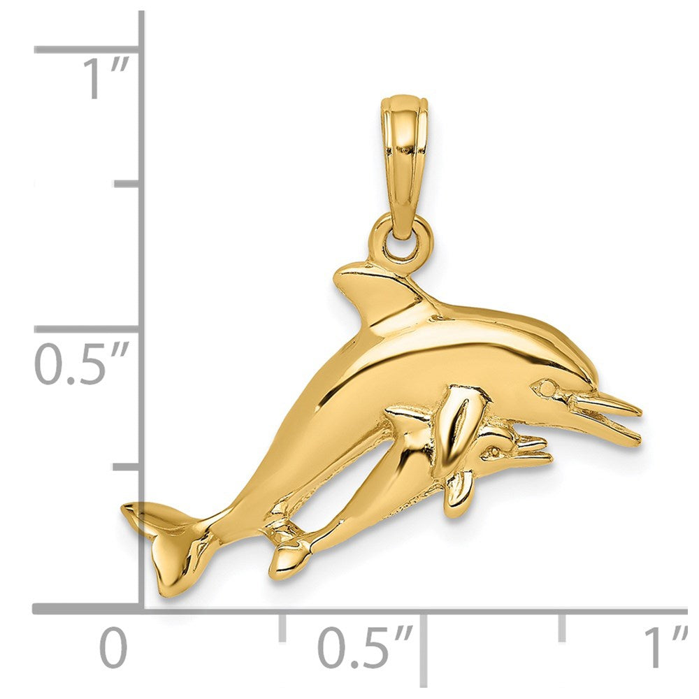 14K Gelbgold 2D-Anhänger „Zwei schwimmende Delfine“