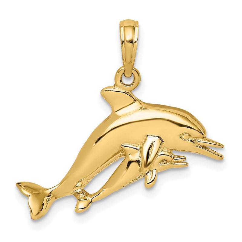 14K Gelbgold 2D-Anhänger „Zwei schwimmende Delfine“