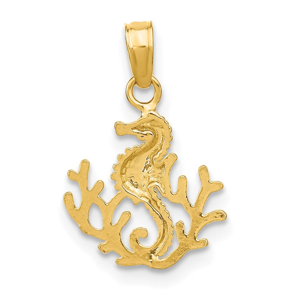 14K Gelbgold Strukturiert Mini Seepferdchen und Coral Charm