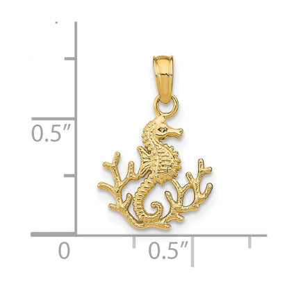 14K Gelbgold Strukturiert Mini Seepferdchen und Coral Charm