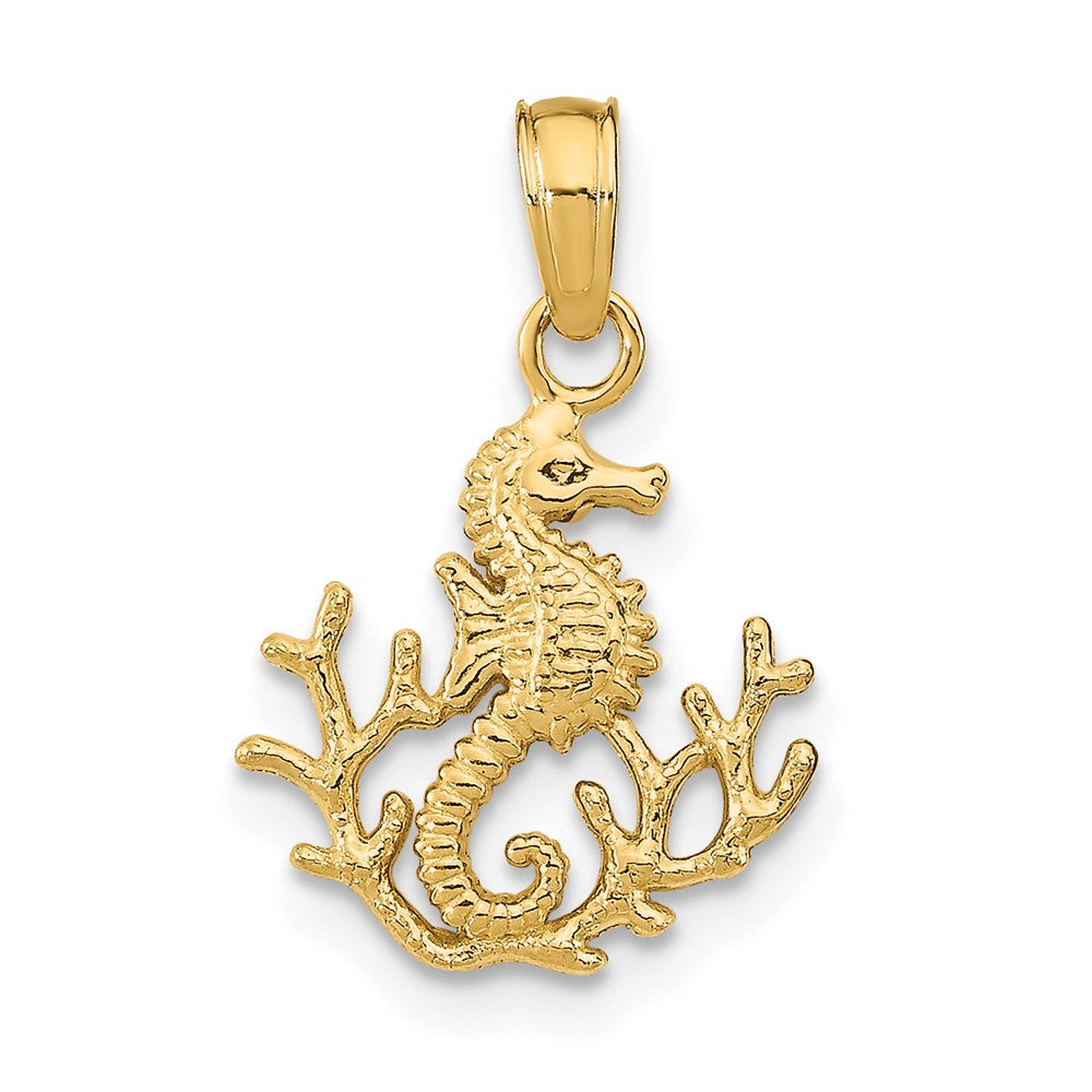 14K Gelbgold Strukturiert Mini Seepferdchen und Coral Charm