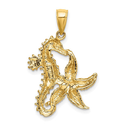14 Karat Gelbgold Seestern- und Seepferdchen-Charm