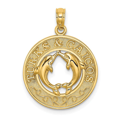 14K Gelbgold Turks- und Caicos-Charm mit Delfinen im Kreis